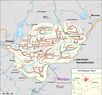 Karte mit Bergen und Tälern (map, German language) Füssen     ...     Murnau am Staffelsee, Garmisch-Partenkirchen