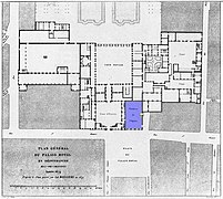 Planta del Palais-Royal con la sala de teatro erigida por Richelieu en azul; desde 1673 fue la sede de la Ópera de París