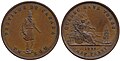 Токен 1852 года. Провинция Канада, банк Квебека. Медь. На аверсе номинал указан в су, на реверсе в пенни.