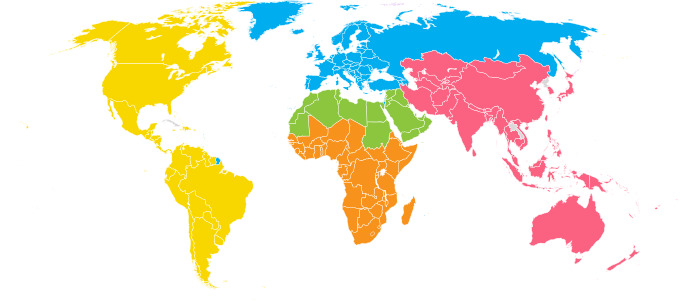 Mapa que muestra las divisiones regionales de la Asociación Mundial de las Muchachas Guías y las Guías Scouts—en gris países sin la organización.