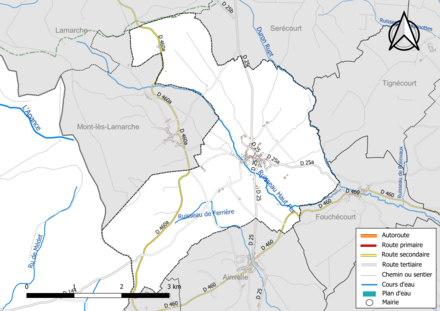 Carte en couleur présentant le réseau hydrographique de la commune