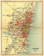 1908 के मानचित्र में मद्रास का प्रेसीडेंसी शहर। 1640 में मद्रास, सेंट जॉर्ज फोर्ट के रूप में स्थापित किया गया था।