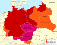 ナチス政権によるドイツ国の拡大（1933年 - 1943年）   政権発足時点の小ドイツ   大戦前の大ドイツ統一（保護領含む）   大戦下の併呑地域（総督府領含む）