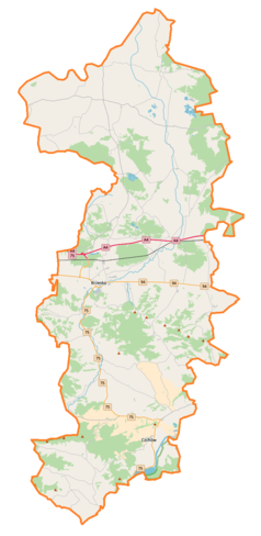 Mapa konturowa powiatu brzeskiego, u góry nieco na prawo znajduje się punkt z opisem „Jagniówka”