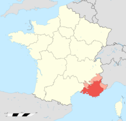 Vendndodhja e Kontesë së Provencës me të kuqe mbi kufijtë modernë të Provence-Alpes-Côte d'Azur me rozë në Francën moderne.