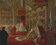戴冠式で皇太子妃ヴィクトリアから忠誠の接吻を手に受けるヴィルヘルム1世