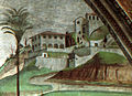 Detalle de uno de los frescos que muestra la mansión [1] de los Médicis en Fiesole