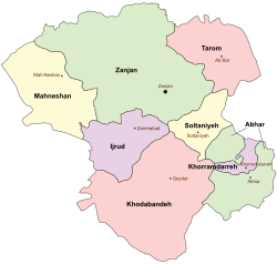 Location of Abhar County in Zanjan province (right, green)