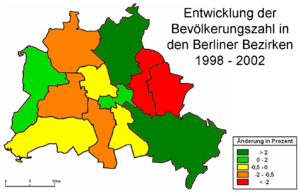 Entwicklung der Bevölkerungszahl in den Berliner Bezirken 1998–2002