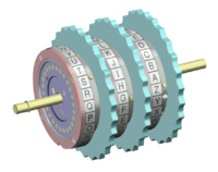 Assemblage de trois rotors tels qu'ils sont placés dans la machine Enigma.