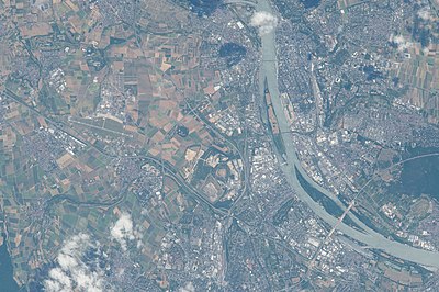 River Rhine, Wiesbaden (left) and Mainz from ISS.
