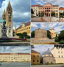 Pécs (od zgoraj levo v smeri urnega kazalca): stolnica, Trg Széchenyi, Barbakán, mošeja Jakováli Hasan paše, Trg Kossuth