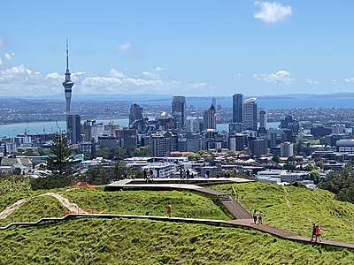 Auckland CBD viewed from the summit of Mount Eden, including the boardwalk