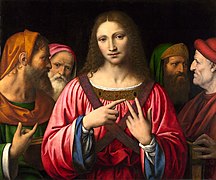 Un même poncif a servi dans le Salvator Mundi et Christ parmi les docteurs de Bernardino Luini, National Gallery[104].