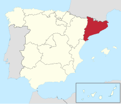 Cataloniens placering i Spanien (rød)