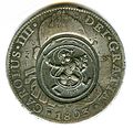Anverso de moneda de 8 reales (plata) de Carlos IV de 1803 con resello de Ceilán.