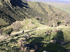 Hikers at rest while ascending a slope in the Sutter Buttes, California.