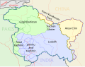 Карта Кашмирҙың Һиндостан, Пакистан һәм Ҡытай араһындағы бүленешен күрһәтә