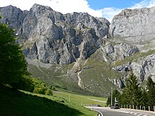 high grey bare cliffs behind a meadow