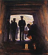 Peinture montrant depuis l'intérieur d'un tunnel l'empereur s'engageant dans l'entrée d'une mine.