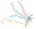 La red alrededor de 1987, con el esquema de colores impuesto por SBASE y las extensiones de las líneas D y E.