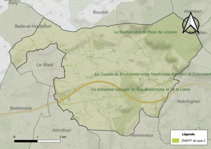 Carte des ZNIEFF de type 2 sur la commune.