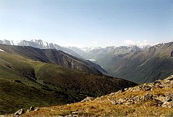 Fotografie zobrazuje vysokohorský terén - bezlesou krajinu plnou nízké trávy a kamení