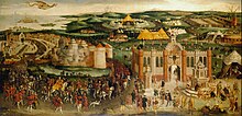 Peinture panoramique avec des éléments allégoriques d'un paysage vallonné où se trouvent des constructions extravagantes et des personnes richement habillées.