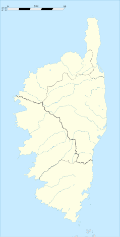 Mapa konturowa Korsyki, blisko centrum po lewej na dole znajduje się punkt z opisem „Eccica-Suarella”