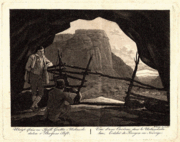 Reproduksjon av Johannes Flintoes Utsigt ifrån en Fjäll-Grotta i Urlandsdalen i Bergens Stift fra før 1830. Det er Flintoe selv som sitter med flosshatt og tegner utsynet over Aurlandsdalen.