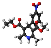 Ball-and-stick model of the nitrendipine molecule