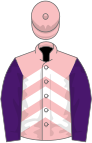 Pink and white chevrons, purple sleeves, pink cap