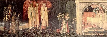 Scène colorée traitée en clair obscur représenant neuf personnages, à gauche des humains dans la pénombre, à droite des anges illuminés.
