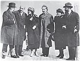 Albert Einstein with his wife Elsa Einstein and Zionist leaders, including the future president of Israel, Chaim Weizmann, his wife Vera Weizmann, Menahem Ussishkin, and Ben-Zion Mossinson on arrival in New York City in 1921