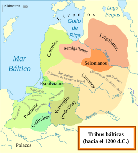 Distribución de los samogitios hacia el año 1200 entre otros pueblos bálticos