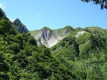 Photo couleur d'une falaise de montagne sous un ciel bleu avec une étendue forestère au premier plan.