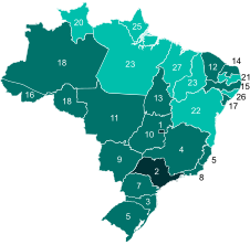 Map of Brazil displaying its first-level administrative divisions (Federative units) according to the category of their Human Development Index.