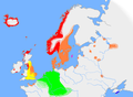 Verspreiding van het Oudnoords rond het jaar 900. In het rood gekleurde gebied werd het westelijk dialect gesproken, dat zich later ontwikkelde tot Noors, IJslands en Faeröers.