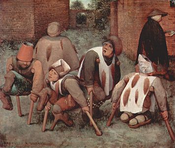 Fellschweife (hier Rotfuchs und Marder) als typisches Accessoire der Narren (Pieter Bruegel d. Ä.: Die Krüppel, 1598)