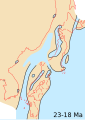 Japonské souostroví, Japonské moře a okolní části asijského kontinentu v raném miocénu (23 - 18 Ma).