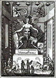 Representación difamatoria de Huitzilopochtli, llamado ”Uitziliputzili” en el libro francés Description de l'univers del 1683[31]​