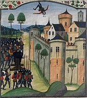 A colourful fourteenth-century depiction of the siege of Auberoche, showing a man being fired back into the castle (by a trebuchet).