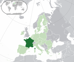 महानगरीय फ़्रान्स (गहरे हरे रंग में), यूरोपीय संघ (हरे रंग में), यूरोप (हरे और गहरे भूरे रंग में)