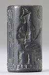 Ancient Persian cylinder seal dating to between 550 and 330 BC, depicting an unidentified king wearing the horned crown, Enlil's primary symbol