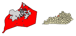 highlighted portion of Jefferson County represents the "balance" population of Louisville [source?] Also seen is the location of Louisville in the state of Kentucky.