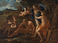 Cupid draws his bow as the river god Peneus averts his gaze in Apollo and Daphne (1625) by Poussin.