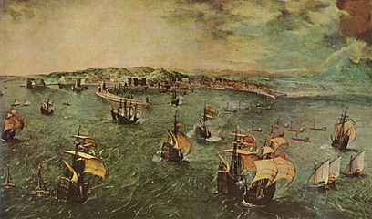 Hafen von Neapel etwa 1558 date QS:P,+1558-00-00T00:00:00Z/9,P1480,Q5727902 . Öl auf Holz medium QS:P186,Q296955;P186,Q287,P518,Q861259 . 41 × 70 cm. Galleria Doria Pamphilj, Rom
