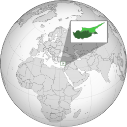 Република Кипър в тъмнозелено. Северен Кипър е показан в светлозелено.