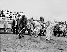 David Dubinsky, Governor Munoz, and an unidentified man break ground for the ILGWU - IBEC Santiago Iglesias housing project in Puerto Rico, 1957.jpg