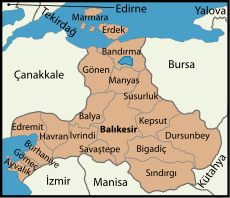 Mapa dos distritos da província de Balıkesir
